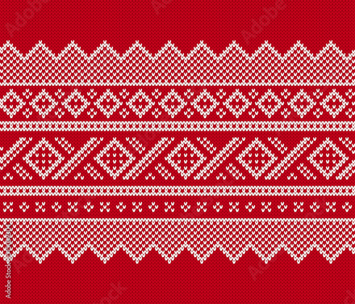 Xmas sweater ornament. Red Christmas seamless pattern. Knitted geometrical print. Fair isle traditional holiday background. Festive print border. Vector illustration.