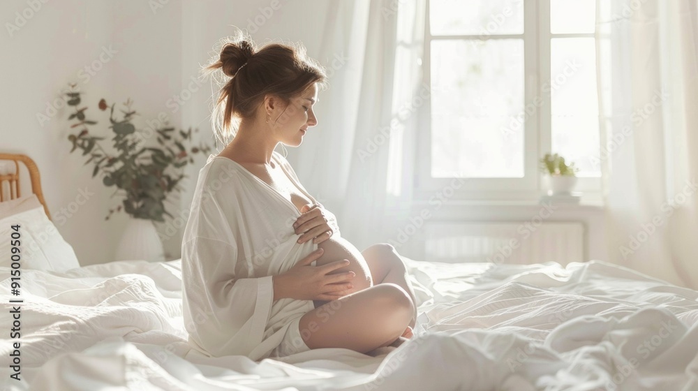 A woman is sitting on a bed with a baby bump