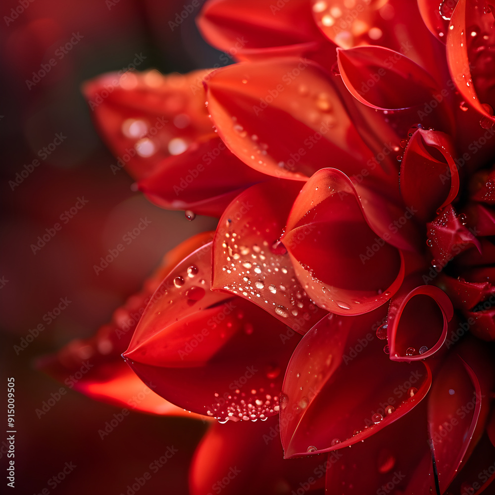 Close-Up of Bright Red Flower with Water Droplets Under Sunlight, Highlighting Petal Texture and Natural Beauty Close-Up of Bright Red Flower with Water Droplets Under Sunlight, Highlighting Petal Texture and Natural Beauty