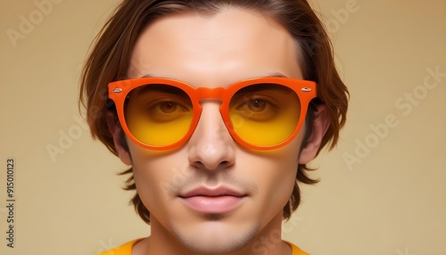 A young Caucasian man with long brown hair wearing bright orange sunglasses against a neutral background