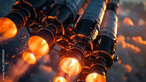 Realistic close up photo capturing rocket engines during launch for a detailed view photo