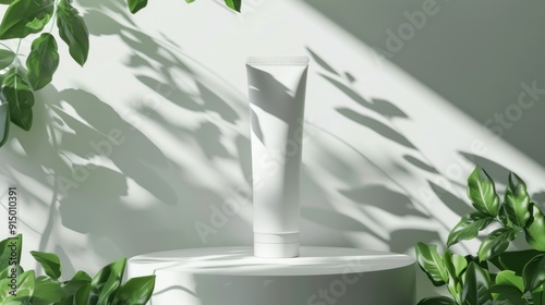 White Tube Product Mockup on a White Platform with Greenery and Sunlight photo