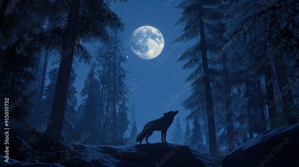 In the heart of a mysterious forest, a majestic wolf howls at the full moon. The night scene is bathed in moonlight, In the heart of a mysterious forest, a majestic wolf howls at the full moon. The night scene is bathed in moonlight,