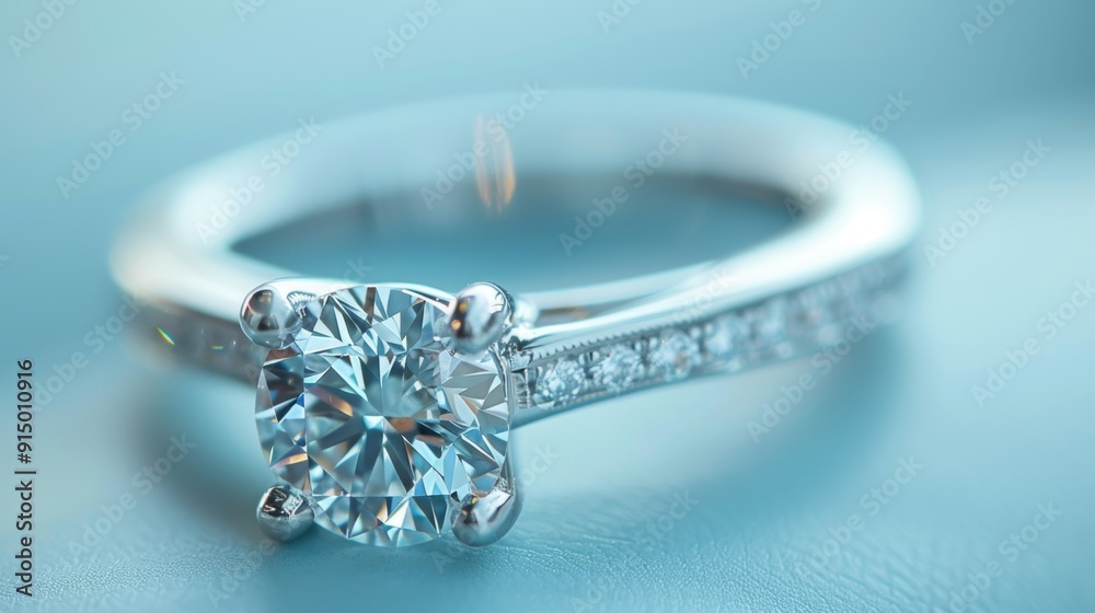 Close-up of a beautiful diamond engagement ring on a soft blue background, showcasing elegance and brilliance. Close-up of a beautiful diamond engagement ring on a soft blue background, showcasing elegance and brilliance.