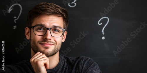 Back view of stressed young european businessman with chalk drawn question marks on blackboard background. Education and knowledge concept.