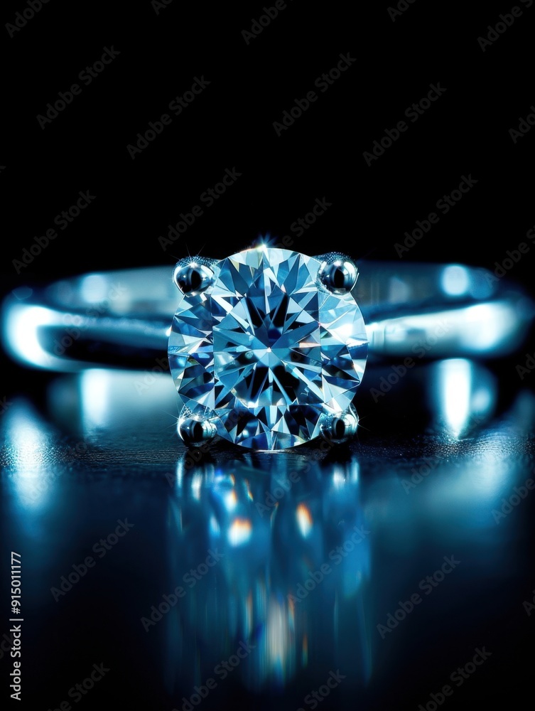 Close-up of a sparkling diamond ring showcased on a reflective surface, with emphasis on the brilliant gemstone detail.