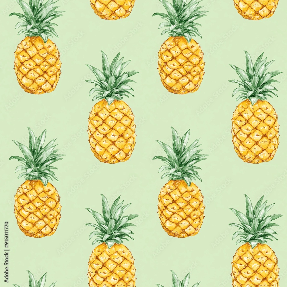 Pineapple illustration, seamless pattern,on a light green background, watercolor style for fabric and wallpaper design Pineapple illustration, seamless pattern,on a light green background, watercolor style for fabric and wallpaper design