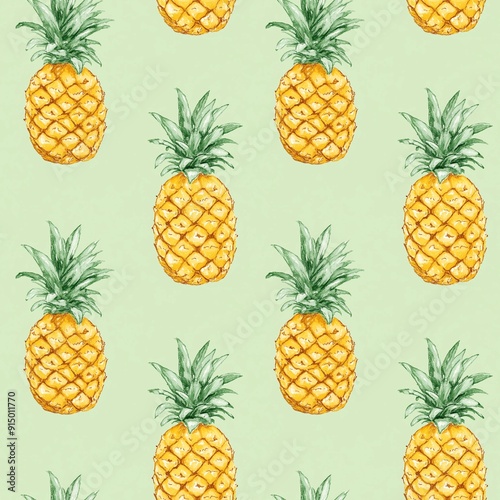 Pineapple illustration, seamless pattern,on a light green background, watercolor style for fabric and wallpaper design