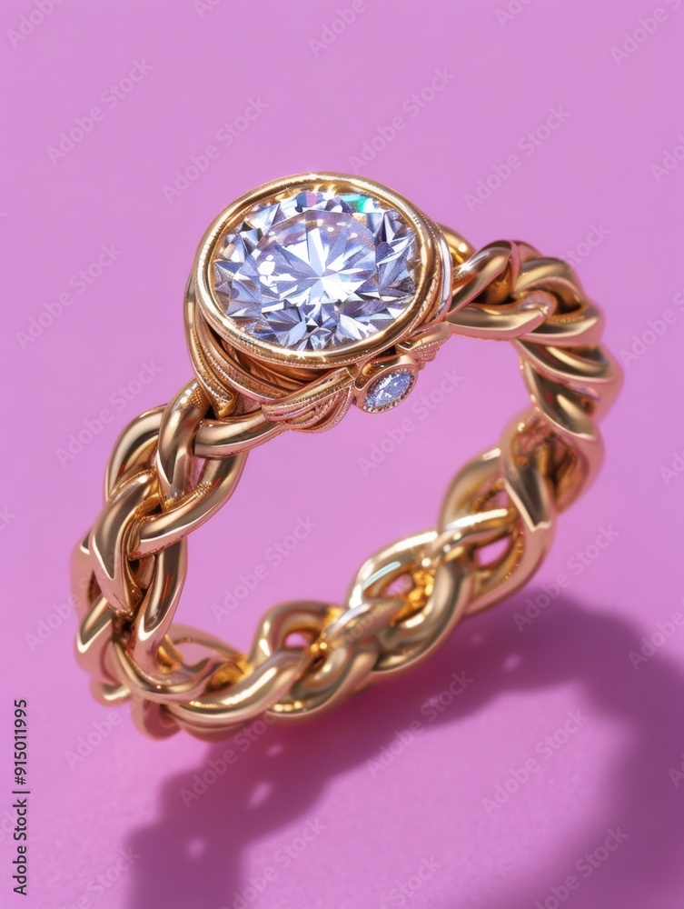 Elegant gold ring featuring a stunning round diamond centerpiece and intricate braided band design against a vibrant pink background. Elegant gold ring featuring a stunning round diamond centerpiece and intricate braided band design against a vibrant pink background.