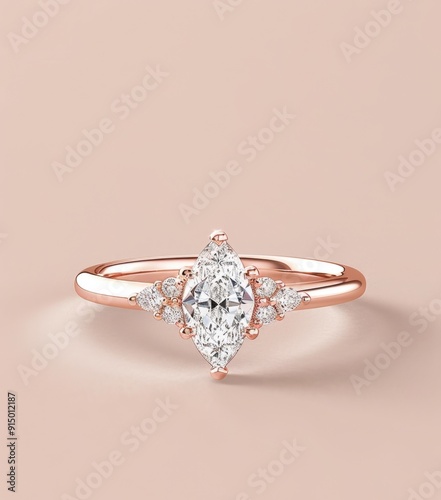 Elegant rose gold ring featuring a stunning marquise cut diamond centerpiece and side stones, perfect for engagements or special occasions.