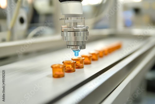 Robotic arm filling capsules on an assembly line symbolizing the efficiency and automation in pharmaceutical manufacturing captured in a bright clean environment