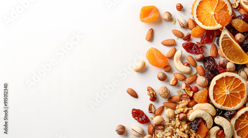 Mixed Dried fruit and nuts trail mix with almonds, raisins, and seeds isolated on a white background, top view, copy space isolated on white background design