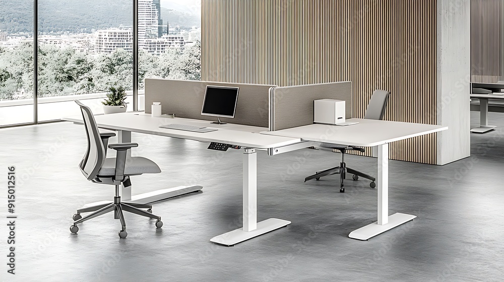 Modern minimalist office space featuring a white standing desk and ergonomic chairs, creating an inviting and productive work environment.