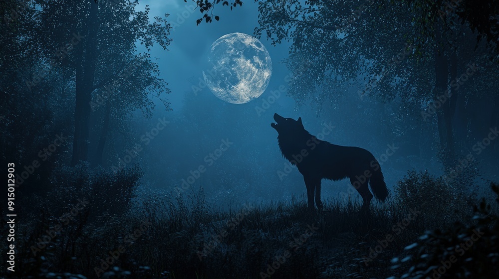 Under the full moon, a majestic wolf howls, its call resonating through the mysterious forest. The night scene is lit by the moon's glow, Under the full moon, a majestic wolf howls, its call resonating through the mysterious forest. The night scene is lit by the moon's glow,