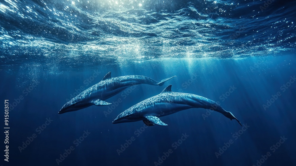 Naklejka premium Two Dolphins Swimming Underwater