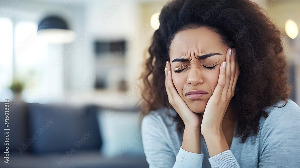 A young Hispanic woman with curly hair expresses frustration, holding her head in her hands, in a cozy, softly lit living room setting. A young Hispanic woman with curly hair expresses frustration, holding her head in her hands, in a cozy, softly lit living room setting.