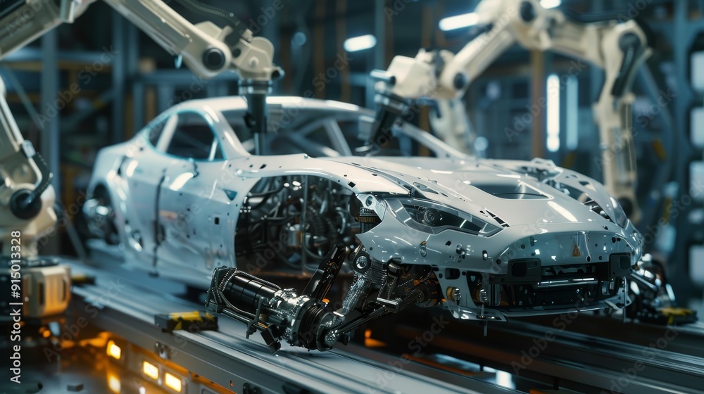 Human robot teamwork engineers collaborating with robots to assemble car in detailed close up shot Human robot teamwork engineers collaborating with robots to assemble car in detailed close up shot