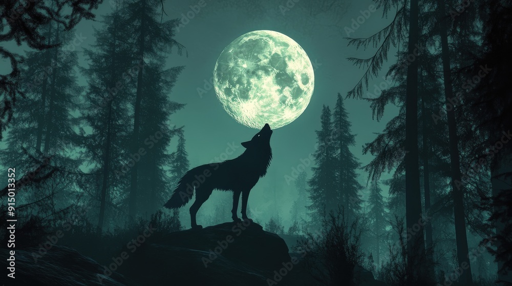 A majestic wolf, silhouetted against the full moon, howls into the night in a mysterious forest. A majestic wolf, silhouetted against the full moon, howls into the night in a mysterious forest.