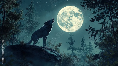 A majestic wolf howls at the full moon, standing in the midst of a mysterious forest.