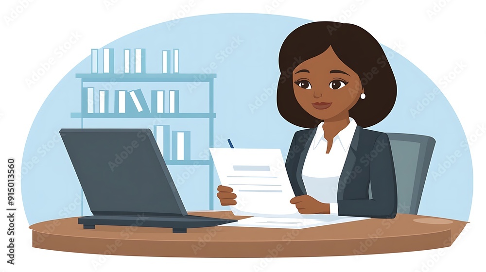A young African American woman reviewing documents at her desk, surrounded by a professional office environment, showcasing dedication and focus in her work. A young African American woman reviewing documents at her desk, surrounded by a professional office environment, showcasing dedication and focus in her work.