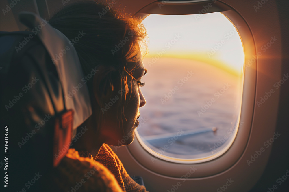 Passenger looking out the window at the sunset in an economy class cabin. Generative AI Passenger looking out the window at the sunset in an economy class cabin. Generative AI