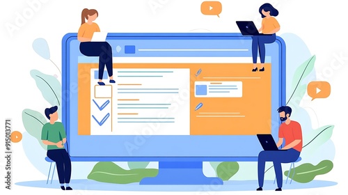 A diverse group of four young adults, two women and two men, engaging with technology on laptops while collaborating, creating a dynamic and modern work environment.