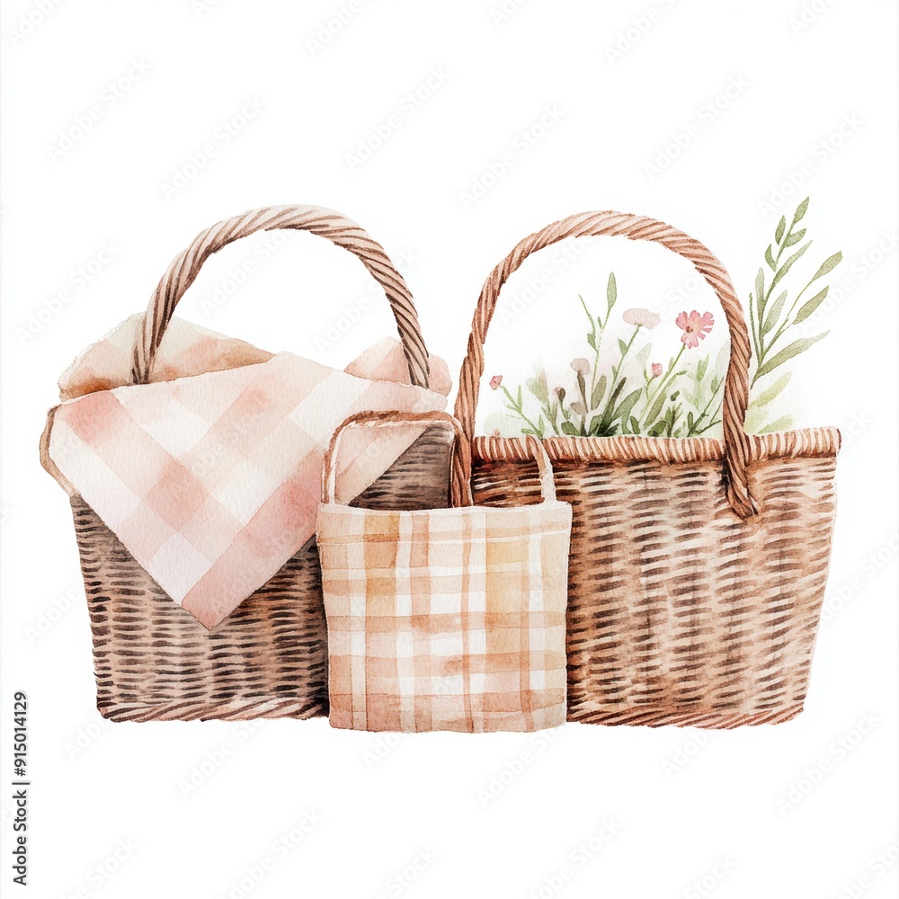 Charming Watercolor of Picnic Baskets with Flowers and Blanket Charming Watercolor of Picnic Baskets with Flowers and Blanket