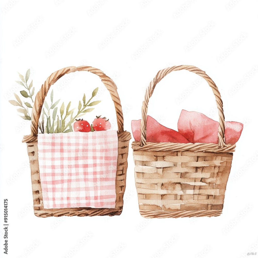 Charming Watercolor Picnic Baskets Filled with Greens and Wrapped Goods Charming Watercolor Picnic Baskets Filled with Greens and Wrapped Goods