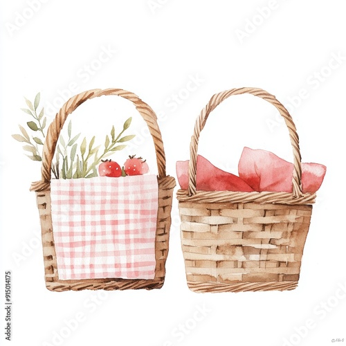 Charming Watercolor Picnic Baskets Filled with Greens and Wrapped Goods