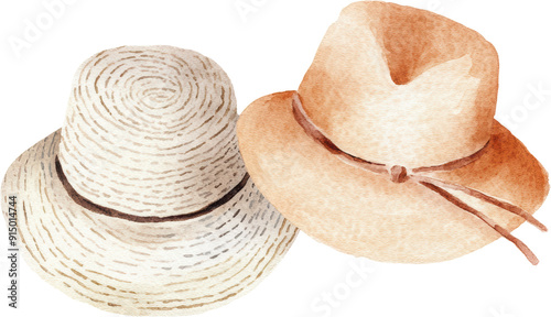 Charming Watercolor Illustration of Two Rustic Hats photo