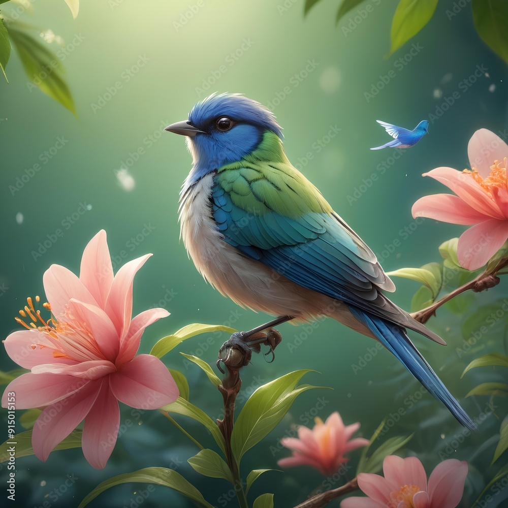 Serene Plumage, Colorful Bird Perched Among Green Leaves Serene Plumage, Colorful Bird Perched Among Green Leaves