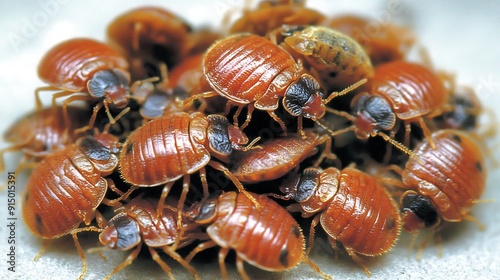 A close-up of a cluster of bed bugs, showcasing their reddish-brown color and distinctive shape. These pests are known for infesting mattresses and bedding.