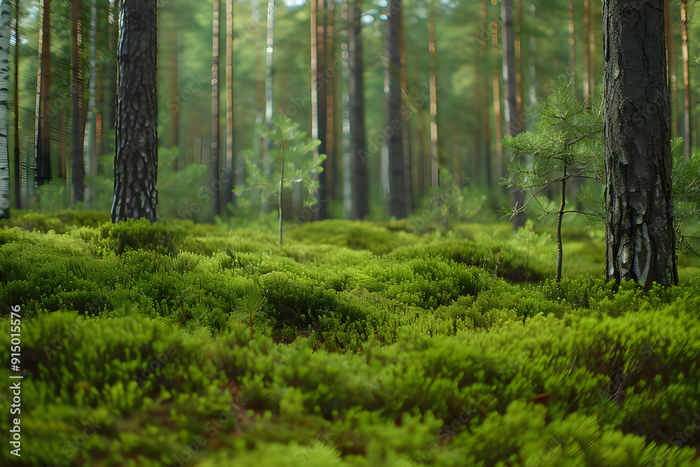 Fototapeta premium Green Mossy Forest Floor with Pine Trees Photo