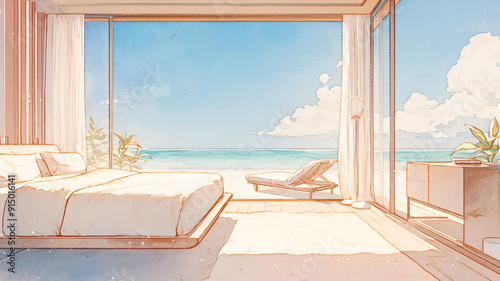 Watercolor illustration of Bedrooms with Amazing Beach Views