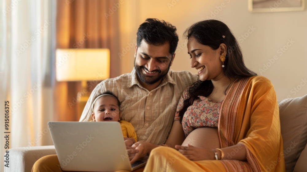 A family of three, a man, a woman and a baby, are sitting on a couch A family of three, a man, a woman and a baby, are sitting on a couch