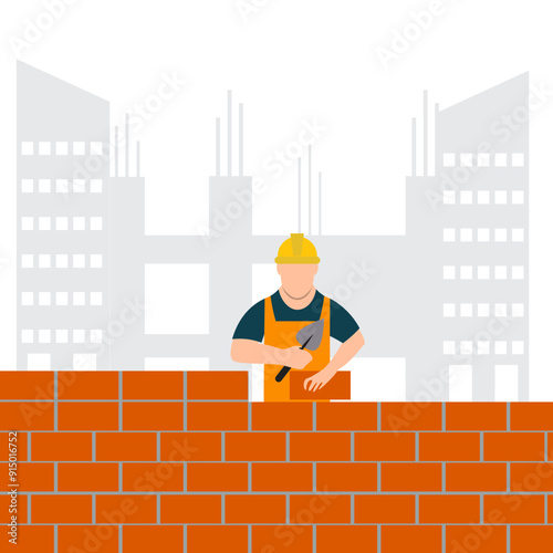 Construction worker building a brick wall. Vector illustration in flat style.