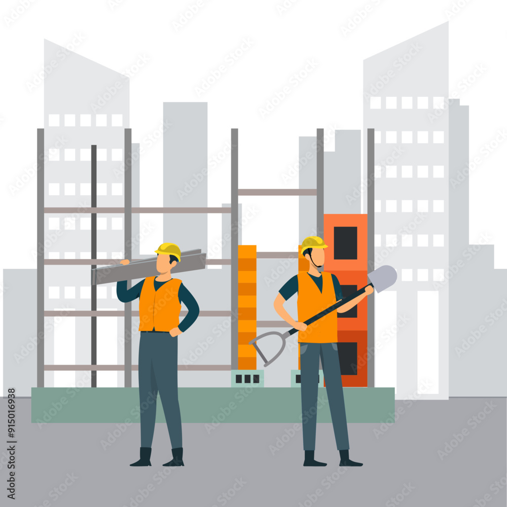 Construction workers on the background of a building. Vector flat illustration. Construction workers on the background of a building. Vector flat illustration.