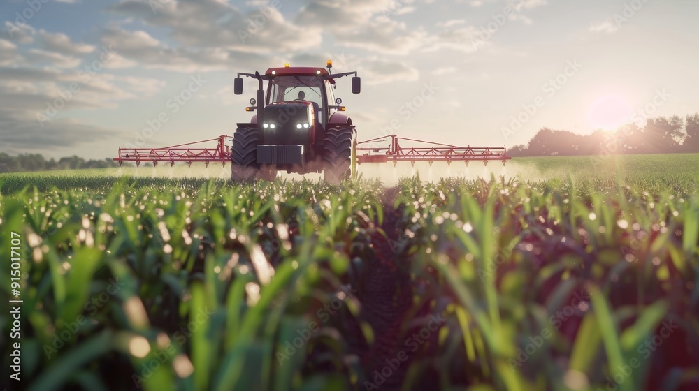 Tractor applying nutrients or pesticides to crops for optimal growth, wide angle realistic view Tractor applying nutrients or pesticides to crops for optimal growth, wide angle realistic view