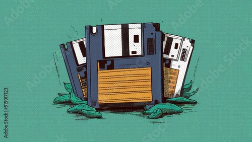 Vintage floppy discs isolated on a transparent background retro computer gadgets clipart with pencil drawn sketch illustration photo