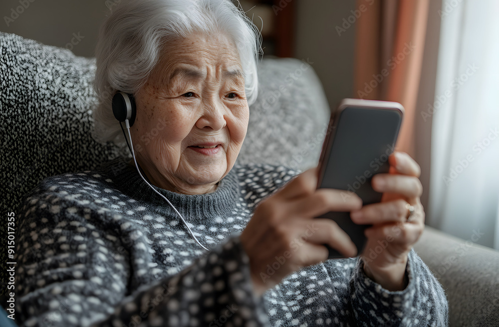 An Elderly Asian Woman with White Hair Sitting on the Sofa An Elderly Asian Woman with White Hair Sitting on the Sofa