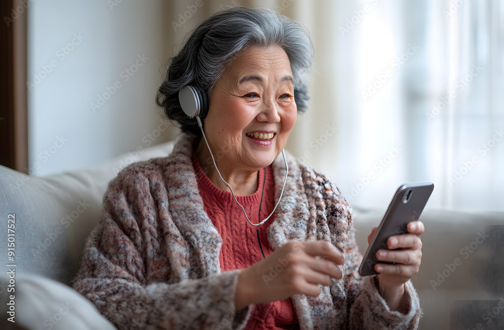 An Elderly Asian Woman with White Hair Sitting on the Sofa An Elderly Asian Woman with White Hair Sitting on the Sofa