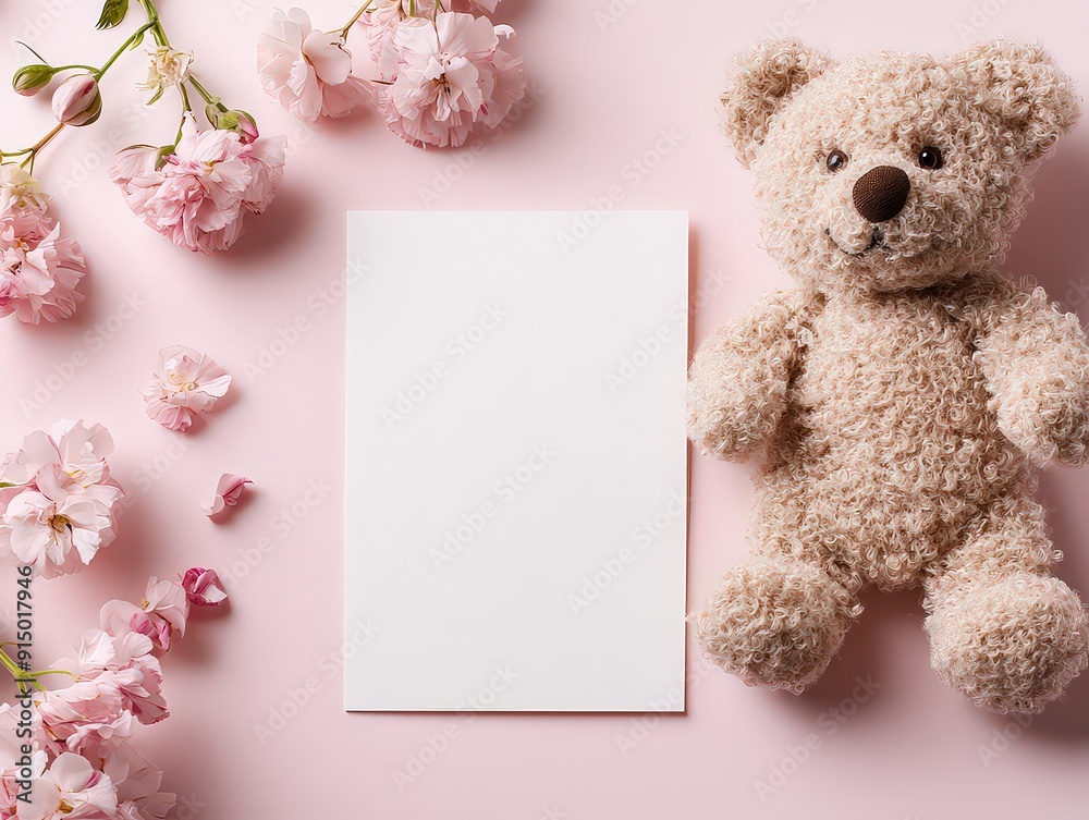 Blank card with a teddy bear and pink flowers on a soft pink background. Blank card with a teddy bear and pink flowers on a soft pink background.