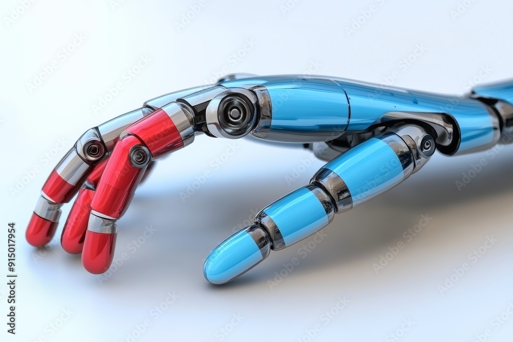 Robotic hand with exposed mechanical parts holding colorful pills symbolizing the integration of technology and medicine captured in a bright detailed environment Robotic hand with exposed mechanical parts holding colorful pills symbolizing the integration of technology and medicine captured in a bright detailed environment
