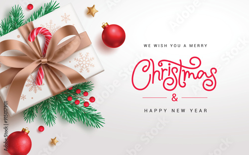 Christmas gift greeting card vector design. Merry christmas and happy new year greeting text with gift box, candy cane, spruce leaves and xmas balls decoration elements in elegant background. Vector 
