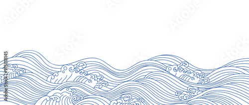 Japanese blue wave background vector. Wallpaper design with blue and white ocean wave pattern backdrop. Modern luxury oriental illustration for cover, banner, website, decor, border.