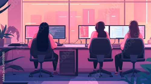 Three diverse women immersed in coding at their desks, surrounded by plants, bathed in soft pink and purple light from large windows.