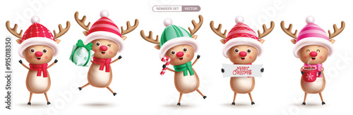 Christmas reindeer characters vector set design. Reindeer christmas cute character in jumping, standing, holding gift box, coffee and wearing hat and scarf collection isolated in white background. 