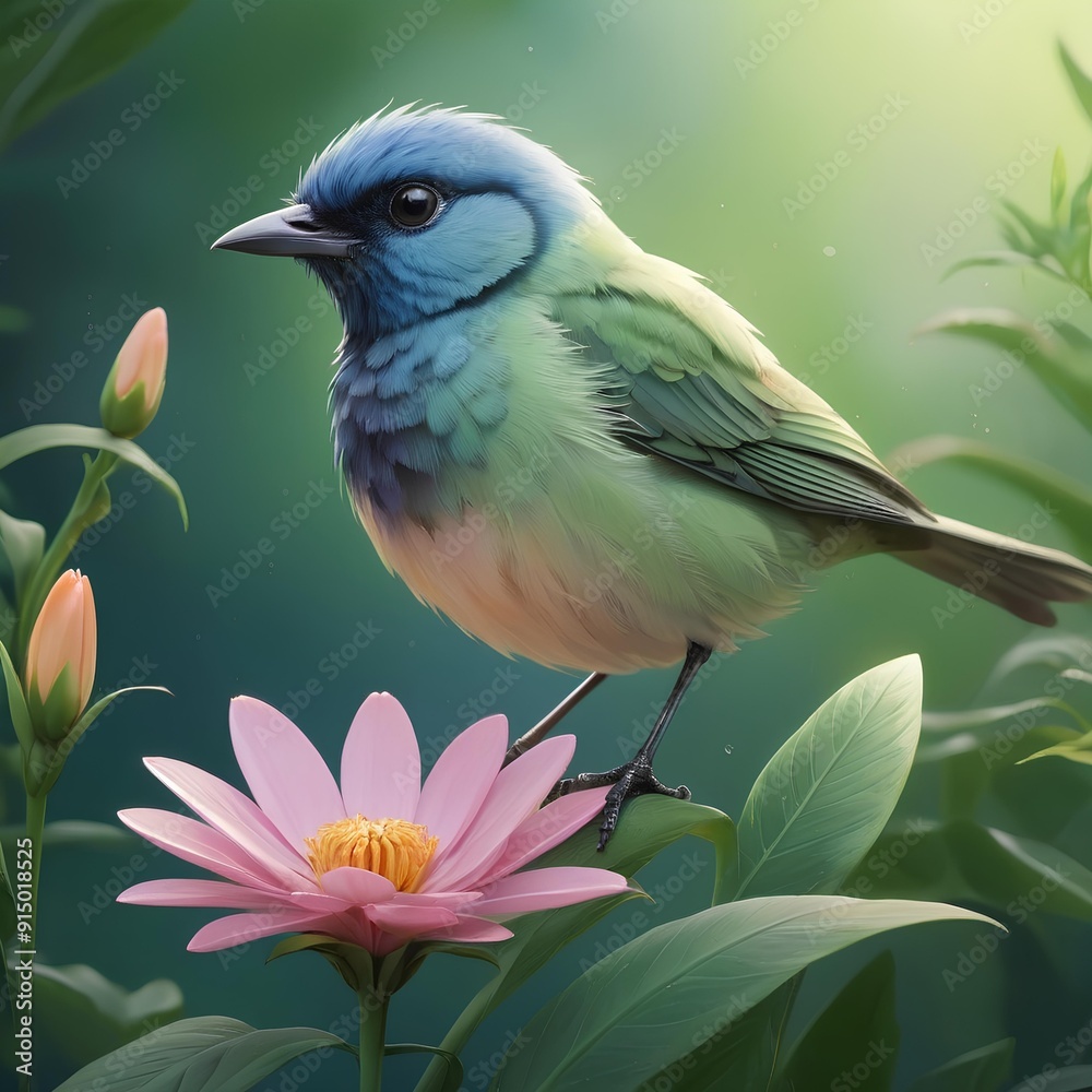 Obraz premium Radiant Garden, Vibrant Bird and Delicate Pink Flower