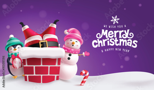 Christmas santa claus characters vector design. Merry chirstmas greeting text with santa claus inside the chimney roof top. penguin holding gift box and waving snowman characters in purple snow winter