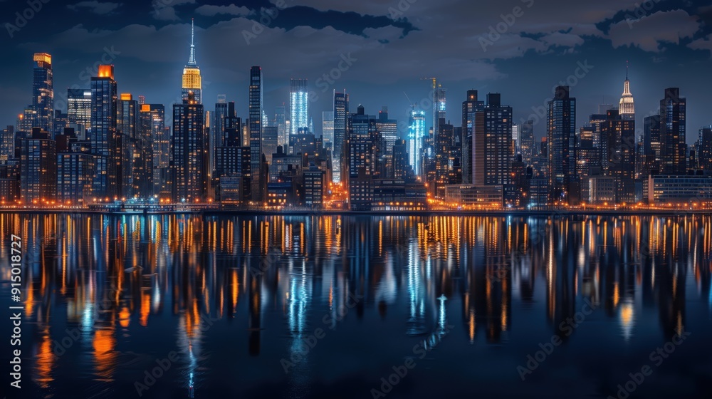 Obraz premium Nighttime City Skyline Reflected in a Calm Waterway